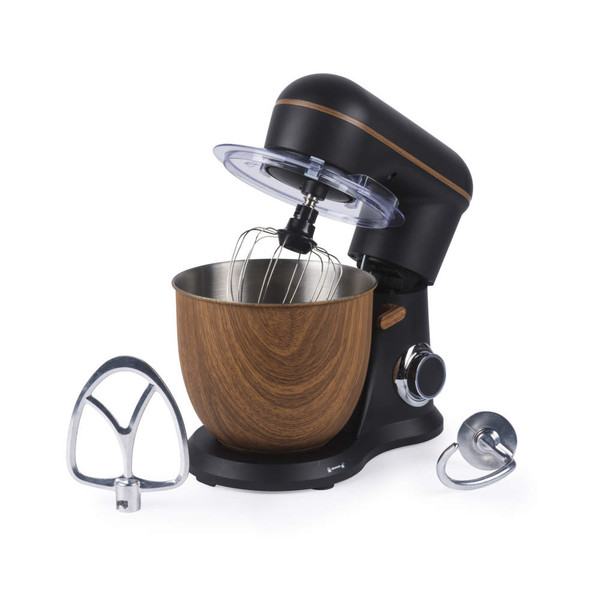 Black and wood-effect stand mixer with stainless steel bowl and three attachments