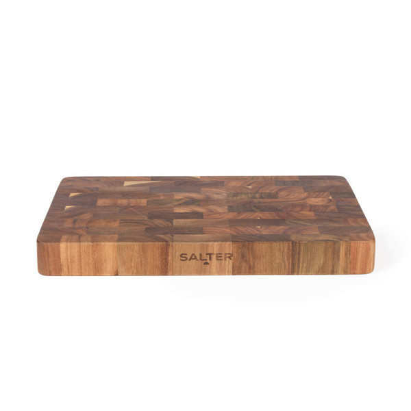 Rectangular wooden chopping board with SALTER branding, end grain pattern.