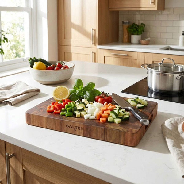 Wooden chopping board with assorted diced vegetables, chef’s knife, and fresh basil in kitchen.