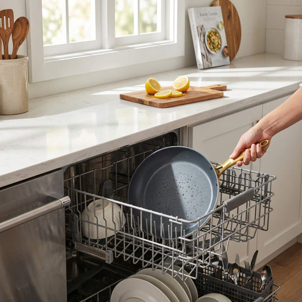 Non-stick frying pan with gold handle placed in dishwasher, kitchen setting