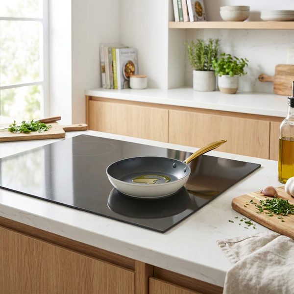 Cream non-stick frying pan with gold handle on induction hob in modern kitchen