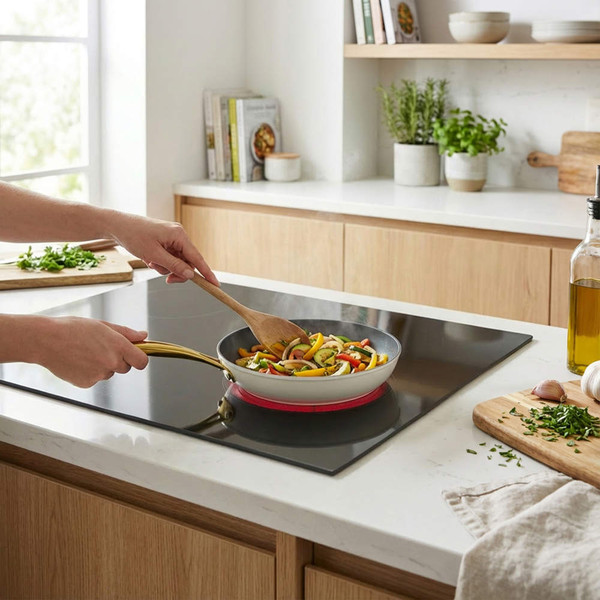 Cream frying pan on induction hob with vegetables being stirred in a modern kitchen
