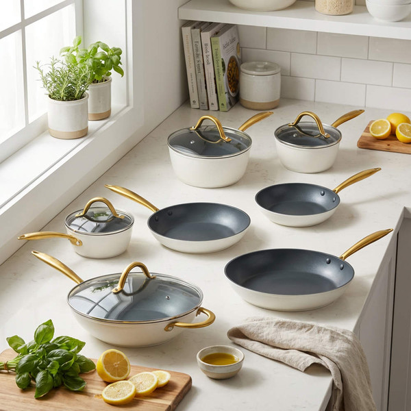 Set of cream non-stick pans with gold handles on modern kitchen counter