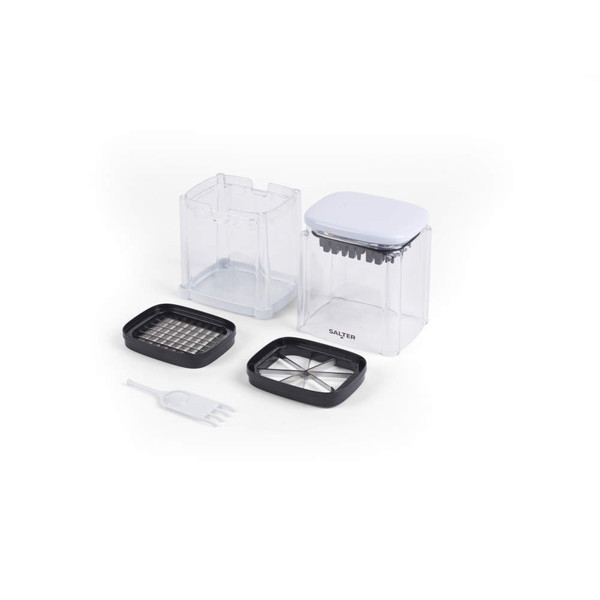 Chopper set with clear containers, dicing and slicing blades, and cleaning tool