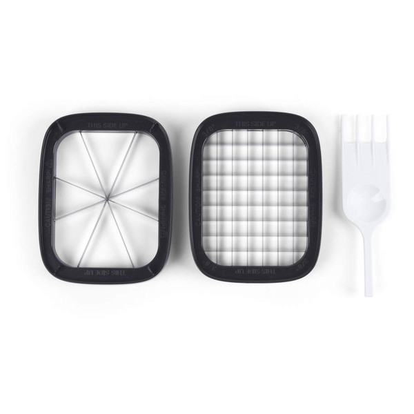 Multi-blade vegetable slicer set in black and white, showing two cutters and a plastic fork