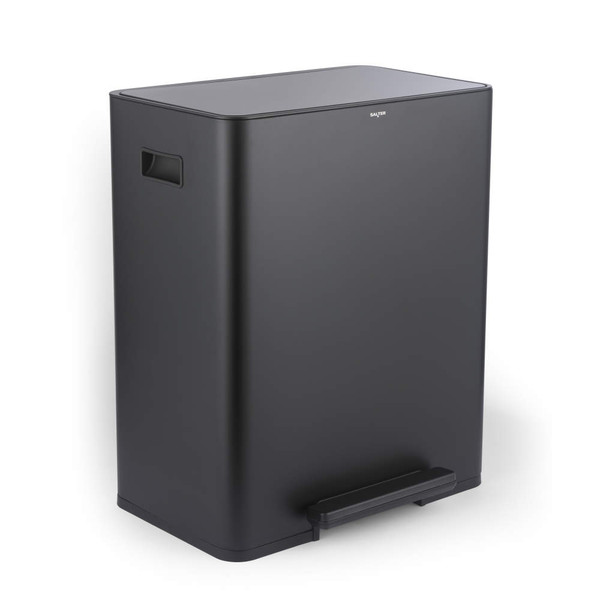Black rectangular pedal bin with carry handles, shown closed