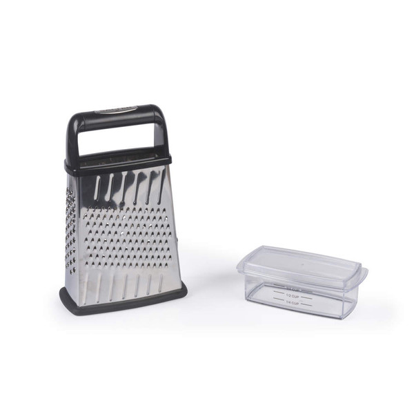 Stainless steel box grater with black handle and clear measuring container.