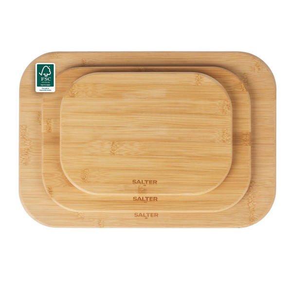 Set of three rectangular bamboo chopping boards, natural colour, stacked flat