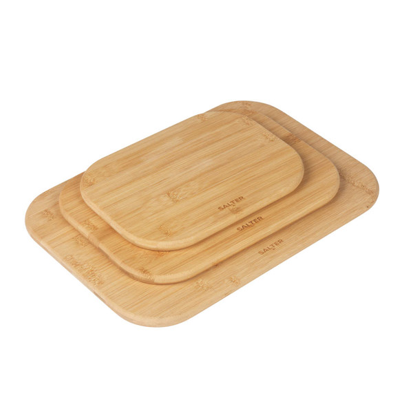 Set of three rectangular bamboo chopping boards with Salter branding.
