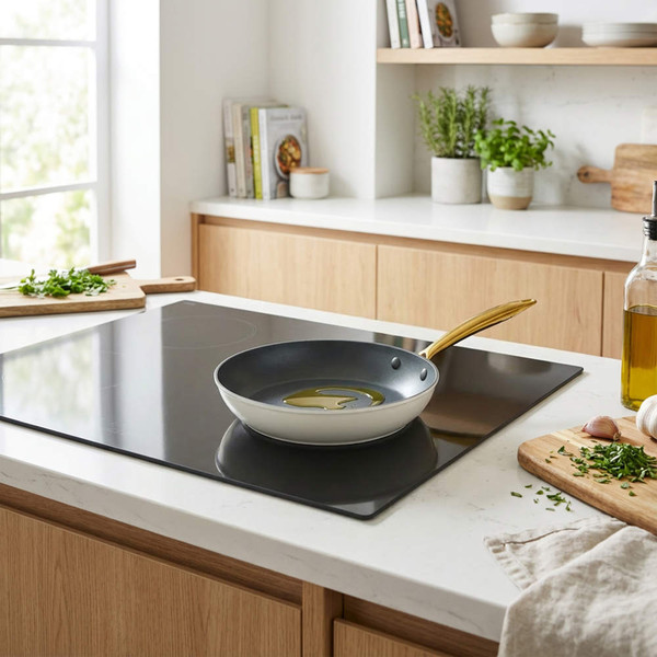 Cream non-stick frying pan with gold handle on a modern induction hob in kitchen.