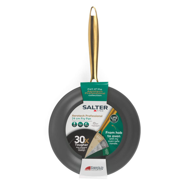 Salter Aerotech Professional 24cm non-stick fry pan with gold handle, packaged.