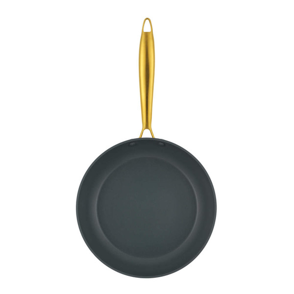 Non-stick frying pan with matte black body and gold handle, shown from above