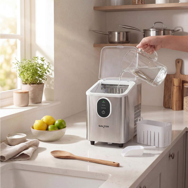 Silver ice maker with open lid, water being poured in, on a kitchen worktop