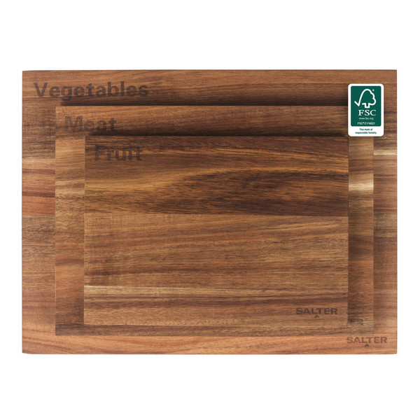 Set of three wooden chopping boards, labelled for vegetables, meat, and fruit