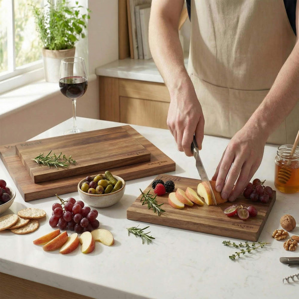 Set of wooden chopping boards with fruit, crackers and herbs arranged on a kitchen countertop