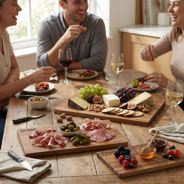 Charcuterie and cheese sharing boards with fruit, nuts and wine on rustic wooden table