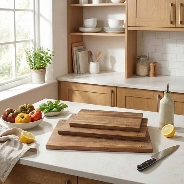 Set of three wooden chopping boards on kitchen counter