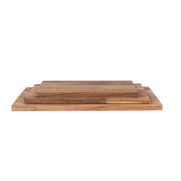 Set of three wooden chopping boards, nested, shown from the side.