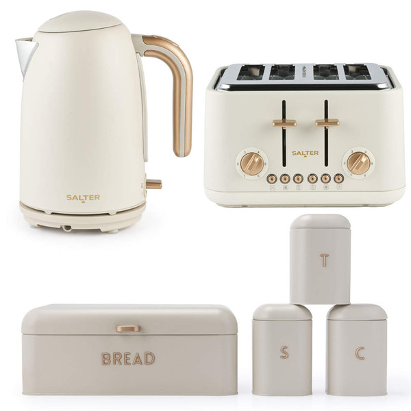 Cream and gold Salter kettle, toaster, bread bin and tea, coffee, sugar canisters set