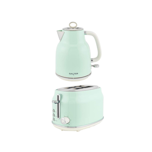 Mint green kettle and toaster set, modern style, shown on white background