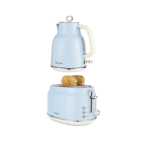 Light blue electric kettle and toaster set, toaster with two slices of bread visible.
