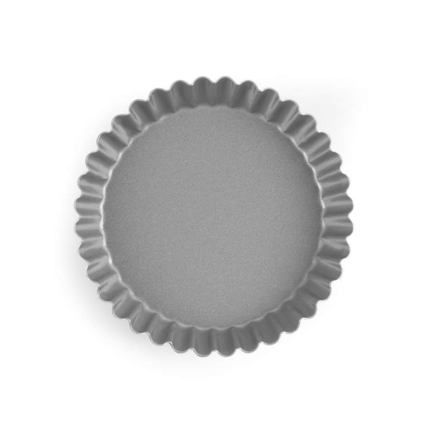 Grey round tart tin with fluted edge, shown from above
