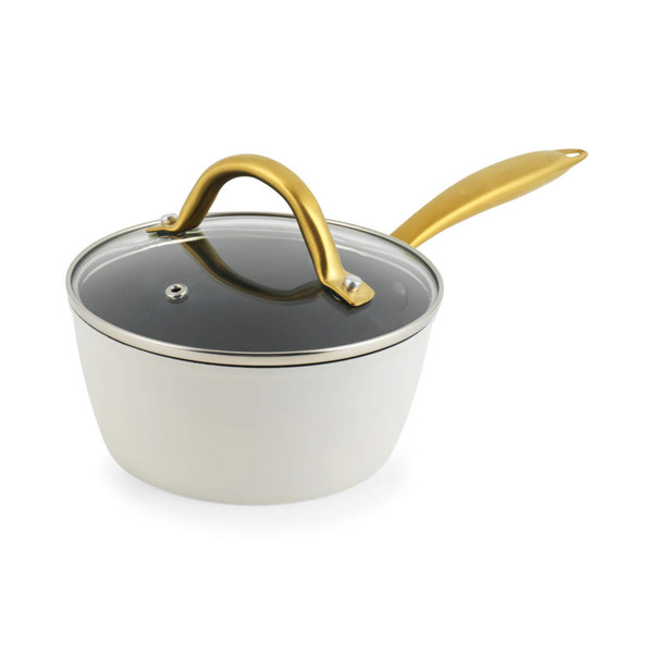 Cream saucepan with gold handle and lid, product image on white background