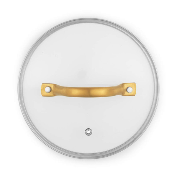 Glass saucepan lid with gold handle, shown overhead on white background