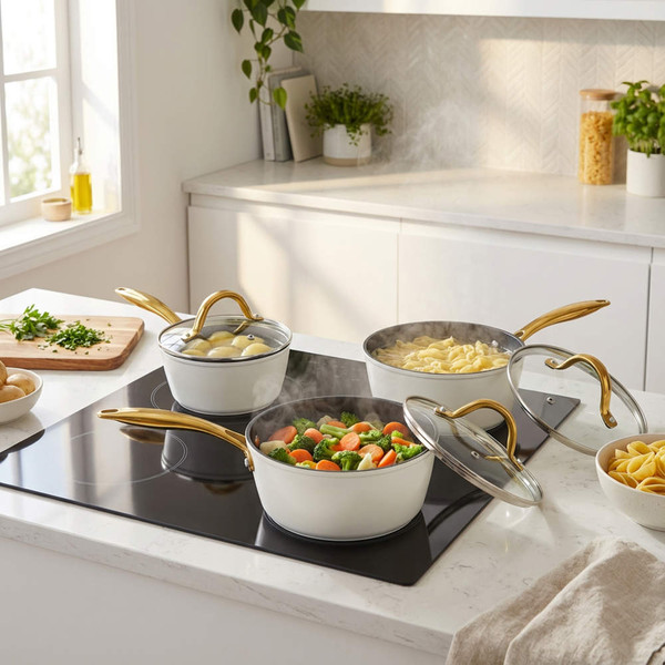 White and gold saucepan set with glass lids on induction hob, cooking vegetables and pasta