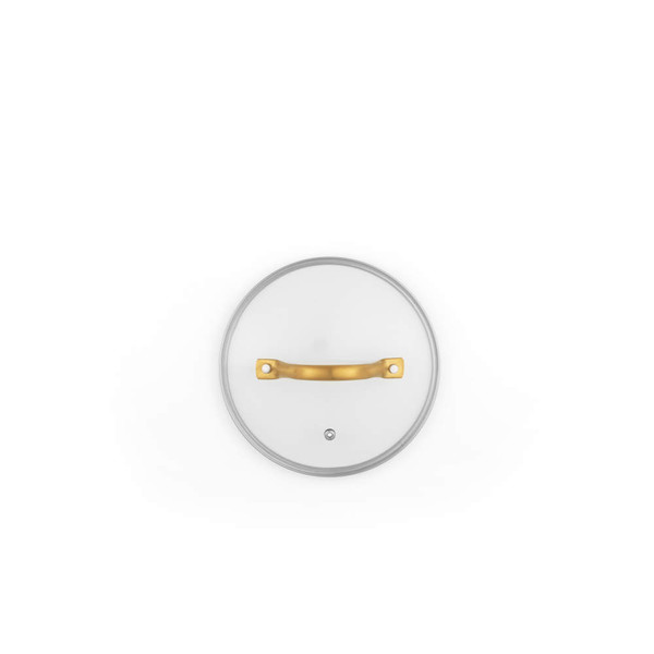 Cream glass pan lid with gold handle, shown from above against white background