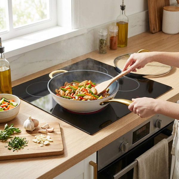 Cream non-stick wok on hob with vegetables being stir-fried