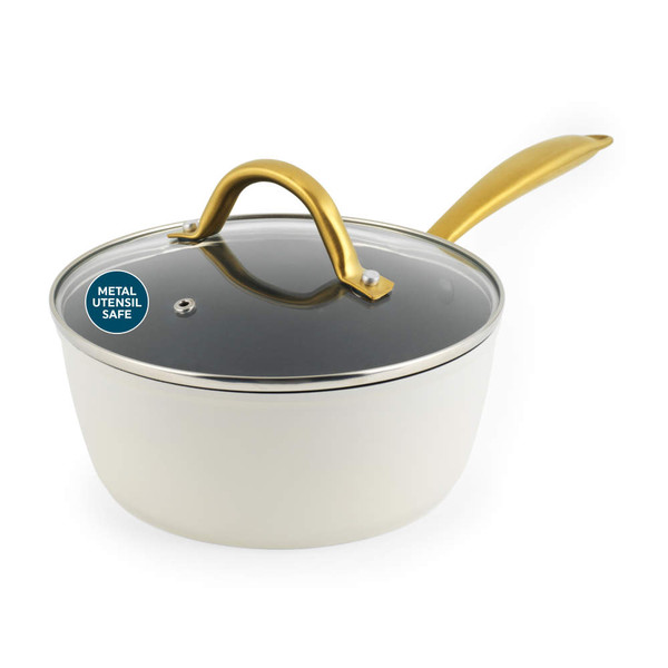 Cream saucepan with glass lid and gold handle