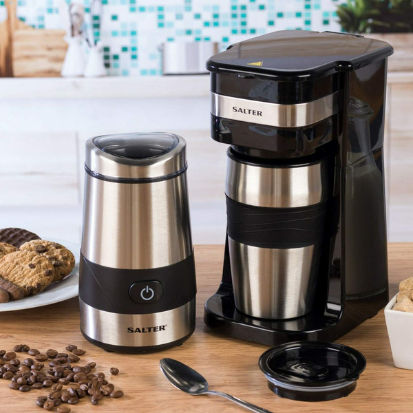 Salter stainless steel coffee grinder and coffee maker on kitchen counter