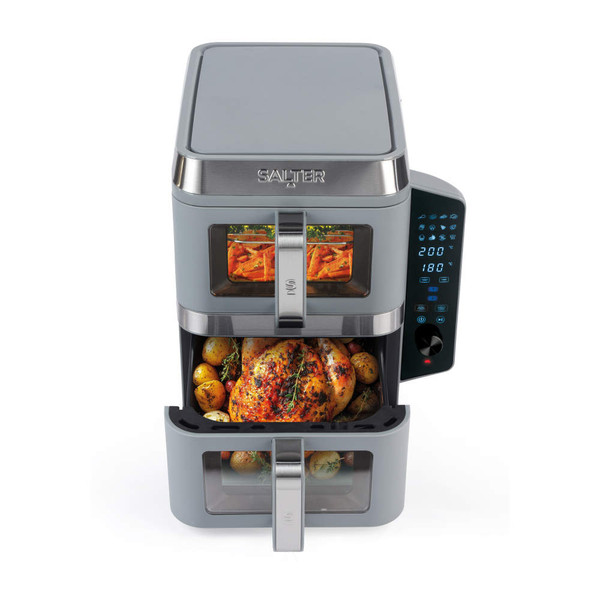 Grey Salter dual drawer air fryer with touchscreen, shown cooking chicken and roast potatoes.