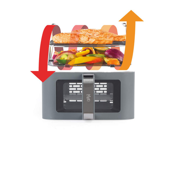 Grey air fryer oven showing airflow with salmon and vegetables inside