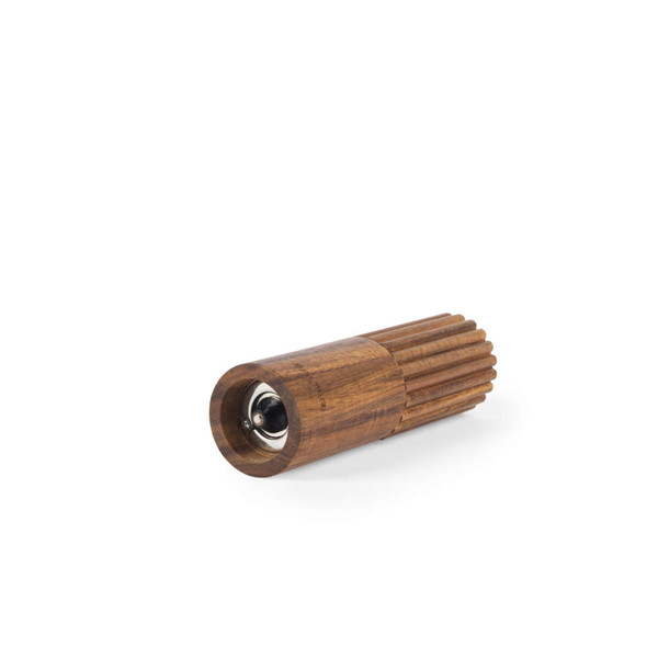 Acacia wood pepper mill with ribbed design, shown angled on white background