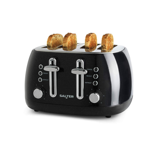 Black four-slice toaster with controls, toasting seeded bread