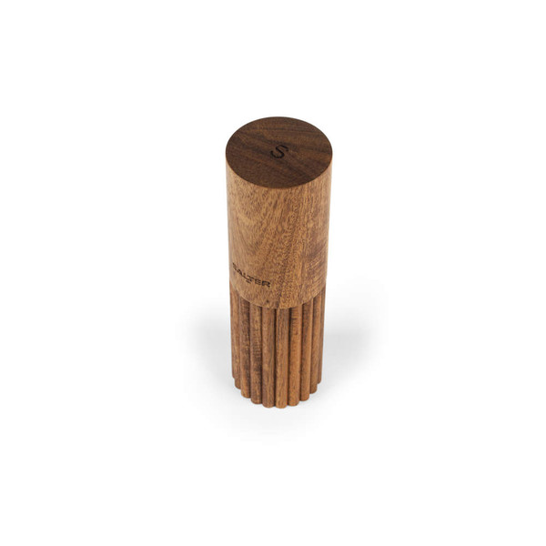 Acacia wood salt grinder, tall cylinder shape, showing 'S' on top