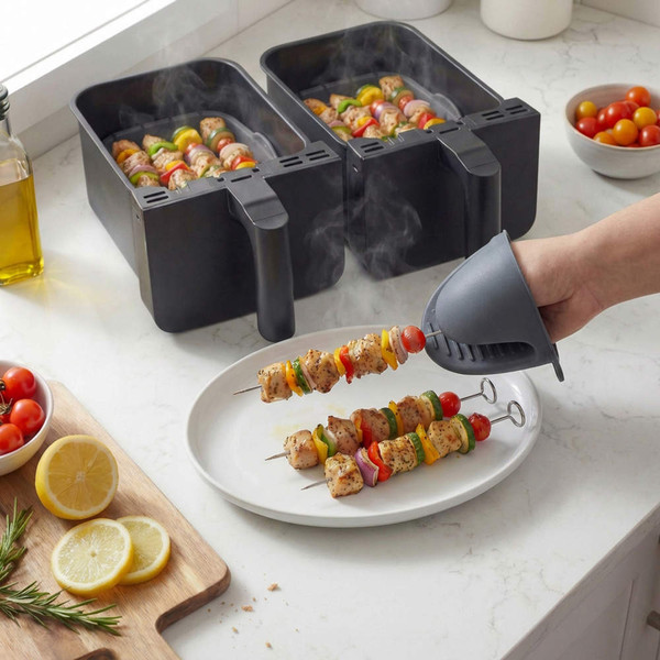 Chicken and vegetable kebabs on skewers served from air fryer onto plate