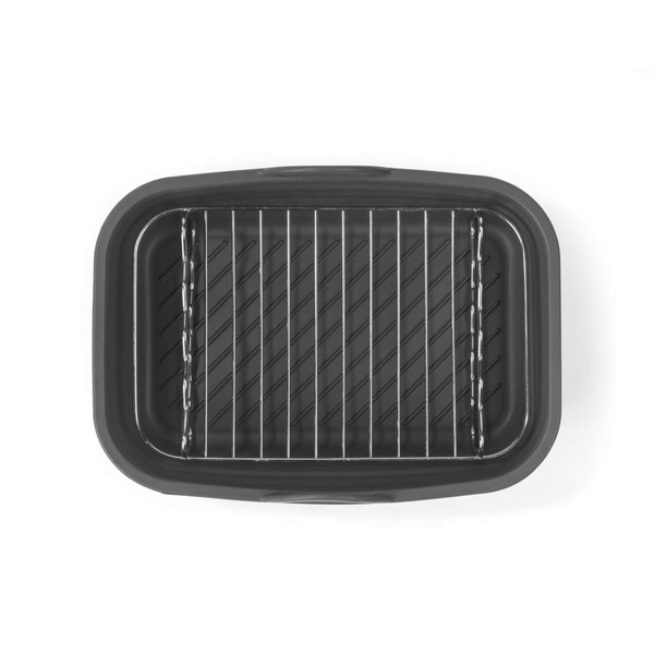 Grey non-stick roasting tin with removable metal rack, shown from above
