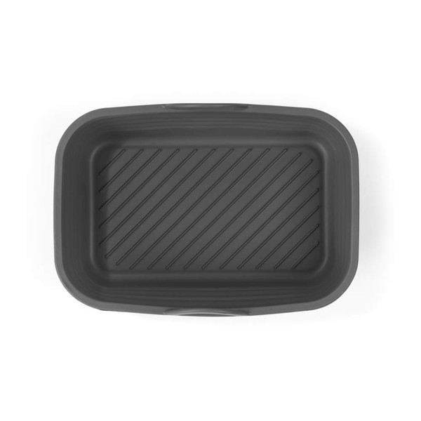 Grey non-stick roasting tin with ridged base, shown from above.