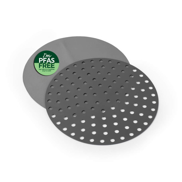 Grey PFAS-free perforated cooking sheet, shown on white background