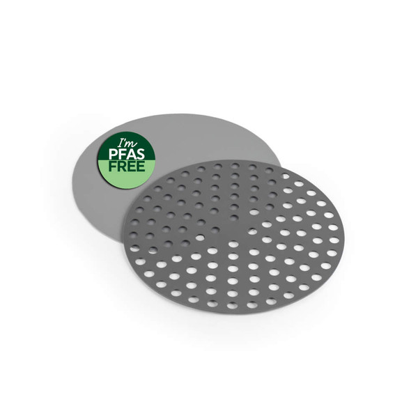 Grey silicone air fryer liners with perforated holes, PFAS free badge shown.