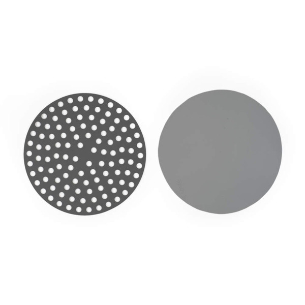 Grey perforated and solid discs for EK6705 kitchenware, shown side by side