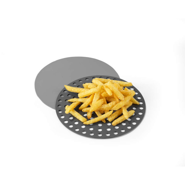 Grey air fryer tray with pile of cooked French fries