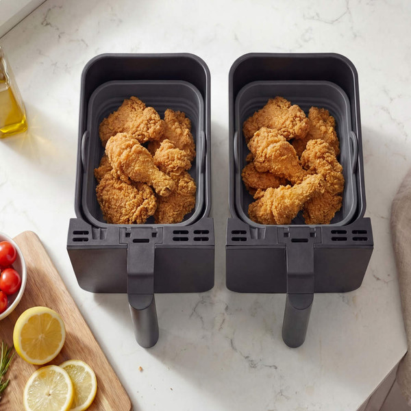 Dual basket air fryer with cooked fried chicken pieces