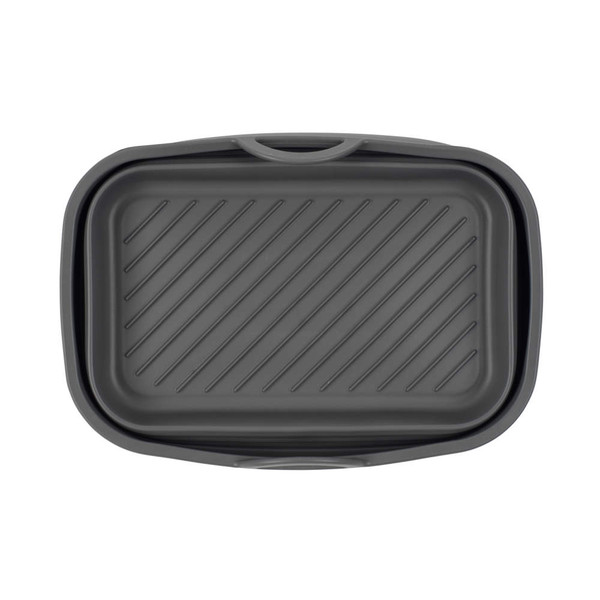 Grey plastic roasting tray with raised diagonal lines, shown from above