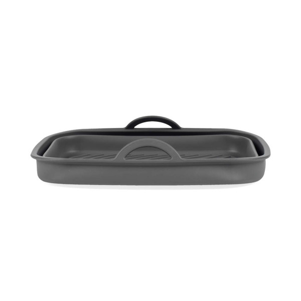 Grey rectangular roasting pan with handles, shown from the front