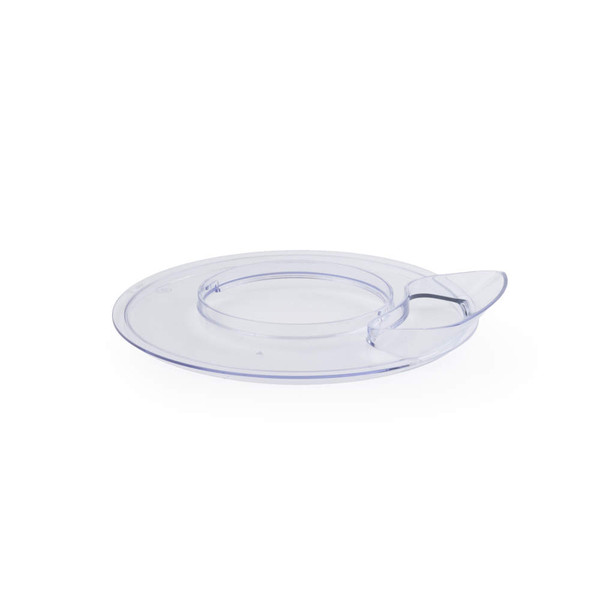 Clear plastic food processor lid with funnel, shown on white background
