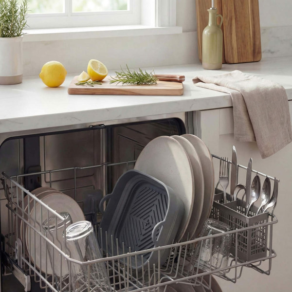 Open dishwasher with clean grey plates, glassware and cutlery in kitchen setting